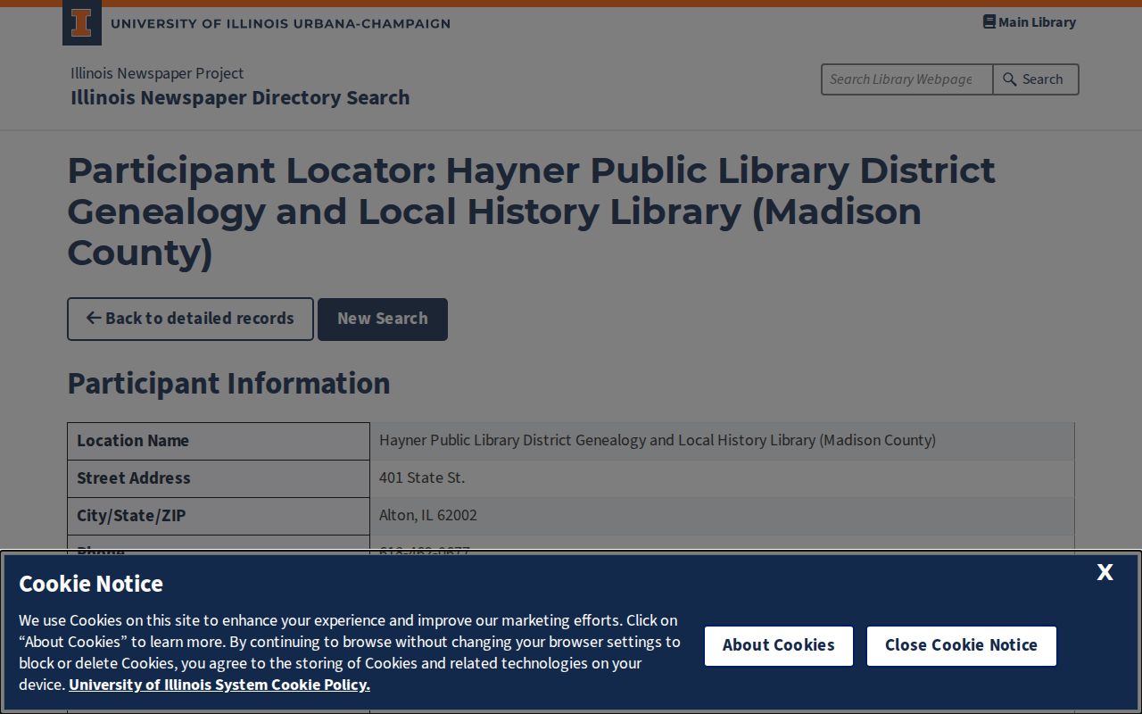 University of Illinois newspaper title holdings for Hayner's Alton collection
