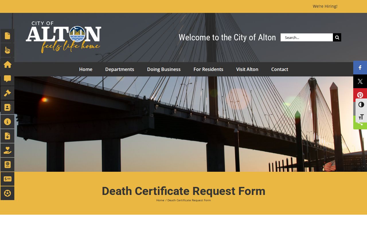 City of Alton death certificate request form for a past resident